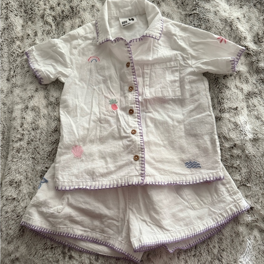 Kids White linen Set with Purple Trim